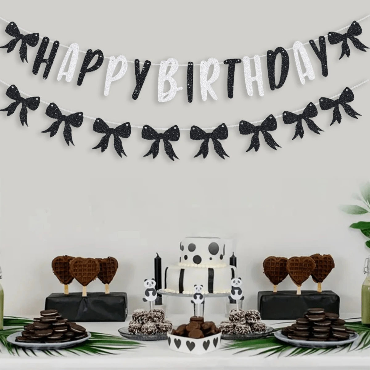 1 Set Black Bowknot Birthday Banner, Suitable For Birthday Party Decoration, Room Decoration, Photo Backdrop Tapestry Flag School Decor School Surprise Dormitory Decor Back To School