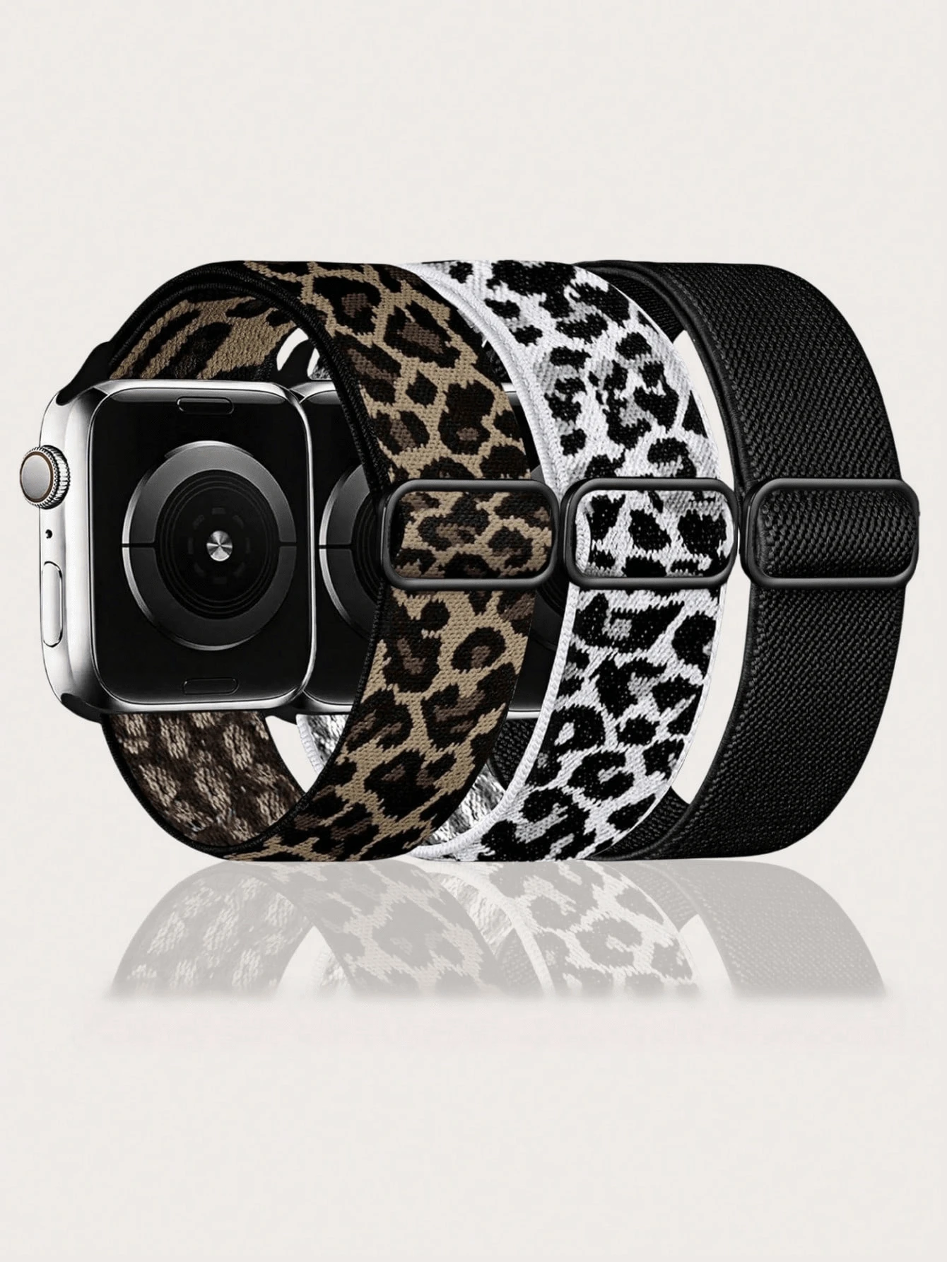 3 paquets de bandes solo élastiques style léopard compatibles avec les bracelets 38 mm, 40 mm, 41 mm, 42 mm, 44 mm, 45 mm, 46 mm, 49 mm pour femmes et hommes. Sangles nylon élastiques réglables style guépard pour Série Ultra/SE/10/9/8/7/6/5/4/3/2/1