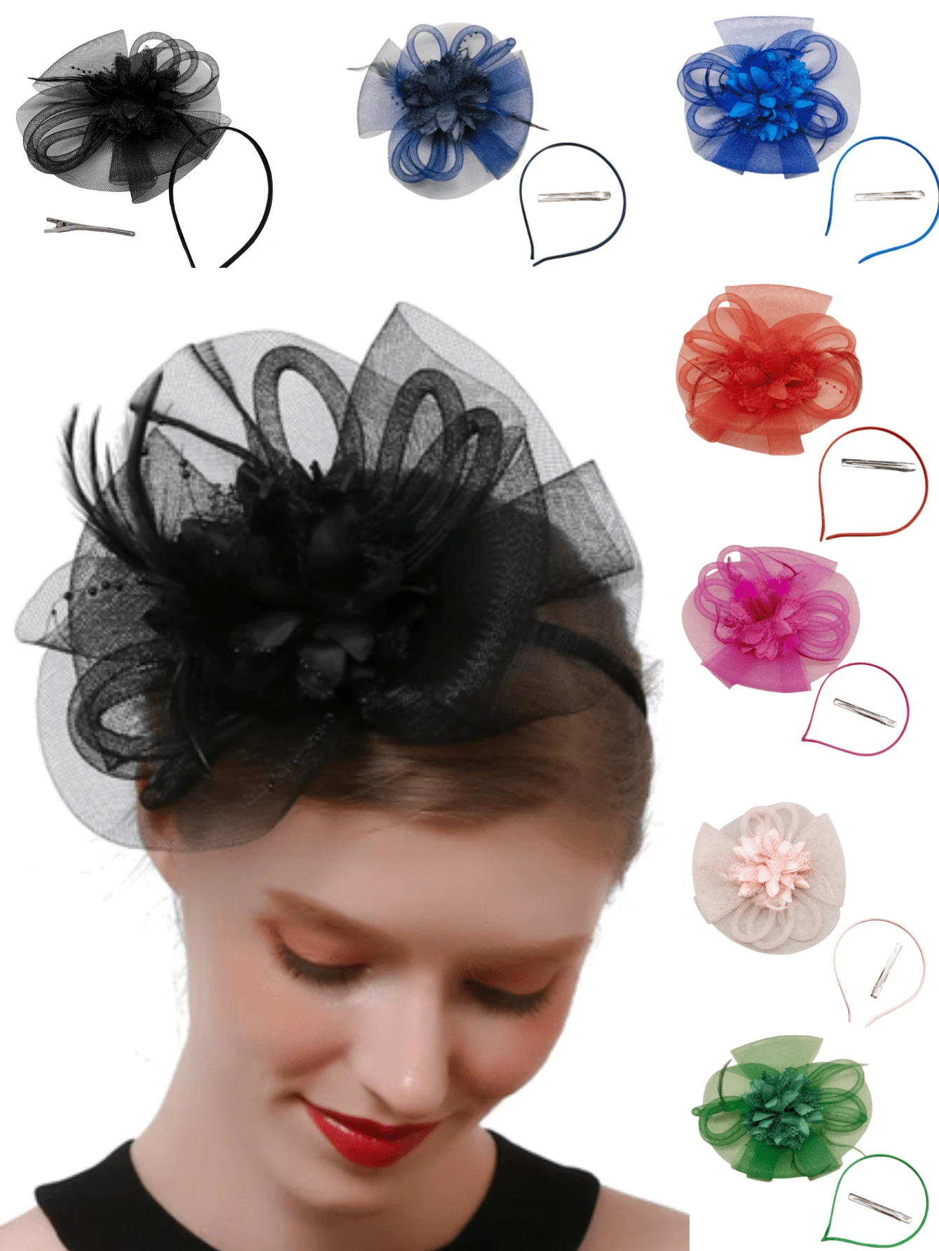 1 Piece Women's Feather Mesh Flower Fascinator With Headband And Clip Wedding Tea Party Kentucky Derby Fascinator Hats