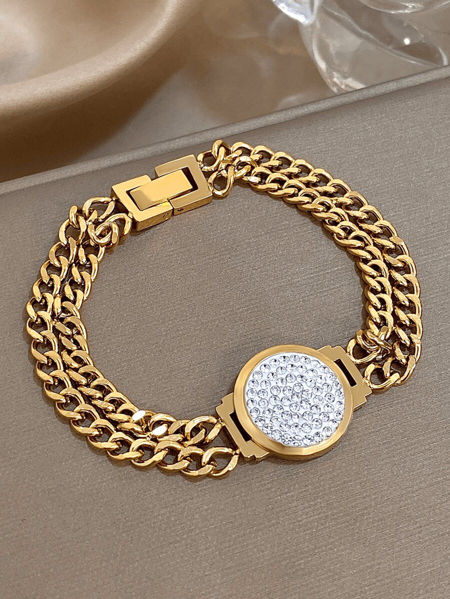 1 pieza Brazalete de cadena con cara de reloj de acero inoxidable con baño de oro y circonita con corte de diamante para mujeres: Lujo de dos capas, Eslabones de CZ, Regalo para mamá, Regalo para maestro, Esencial para playa, viajes y fiestas de verano, Accesorio para rave/baile de graduación/fiesta/diario, Joyería dorada, Regalo de vuelta a la escuela, Regalo de cumpleaños