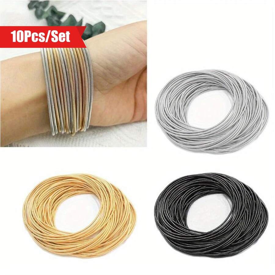 10pcs/Set Simple Style Metal Elastic Bracelets For Women, Non-Slip Carbon Steel Wire Wristbands All Seasons Ideal For Mother'S Day Gif