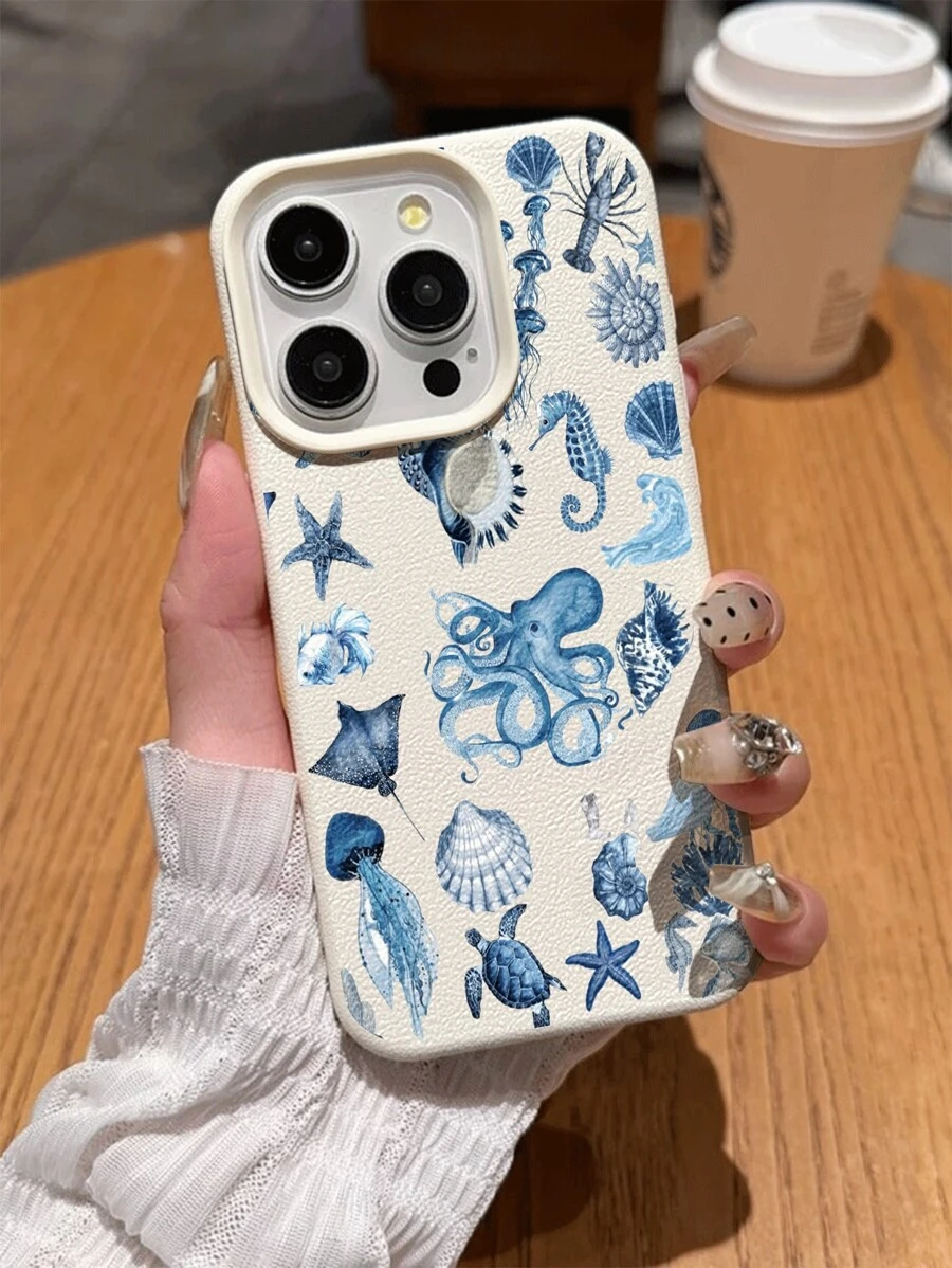 1 pieza Funda protectora de teléfono suave, impermeable, a prueba de caídas y antideslizante con patrón patchwork de pulpo y tortuga en estilo retro, compatible con Apple y otros teléfonos