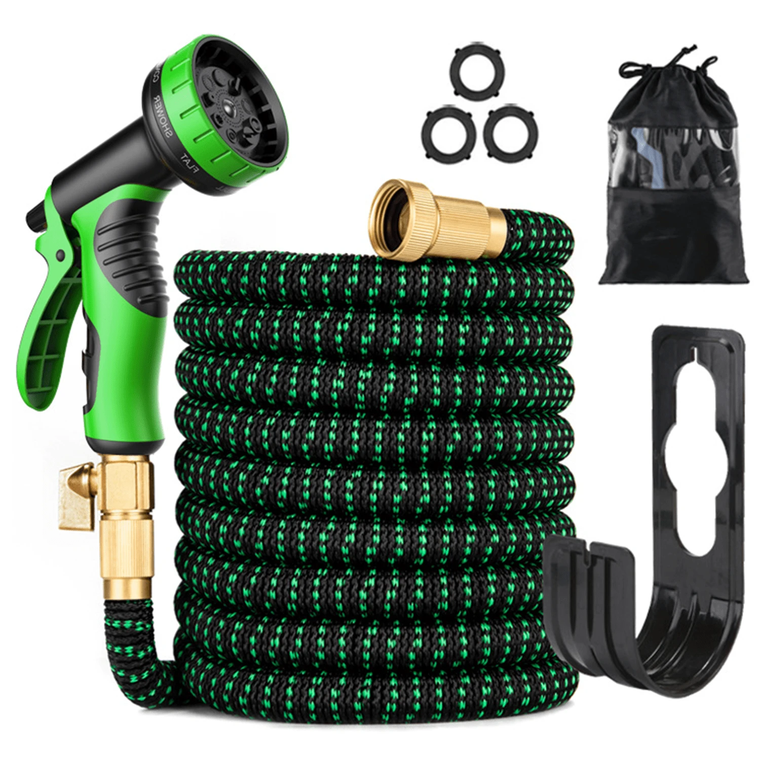 25/50/75/100FT Expandable Garden Hose Kit With 10-Function High-Pressure Spray Nozzle, 3/4" Solid Brass Leakproof Fittings, All-Season Outdoor Hose For Cleaning, Gardening & Forestry, Forestry Applications, Vibrant Patterned Hose, Brass Connectors, Green/Blue Color