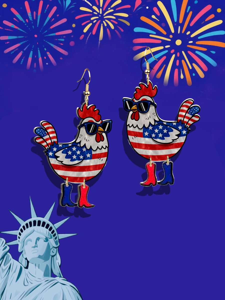 Pink Snail 1 Pair Funny Patriotic 4th Of July Statement Earrings - Lip, Heart, Hat, Rooster With Sunglasses Chicken Asymmetrical Dangle Earrings, For Women Girls Summer Winter Vacation Holiday Beach Party Gift