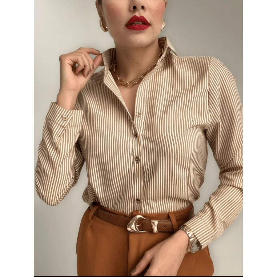 Camisa Social Listrada Manga Longa Moda Feminina Tendencia