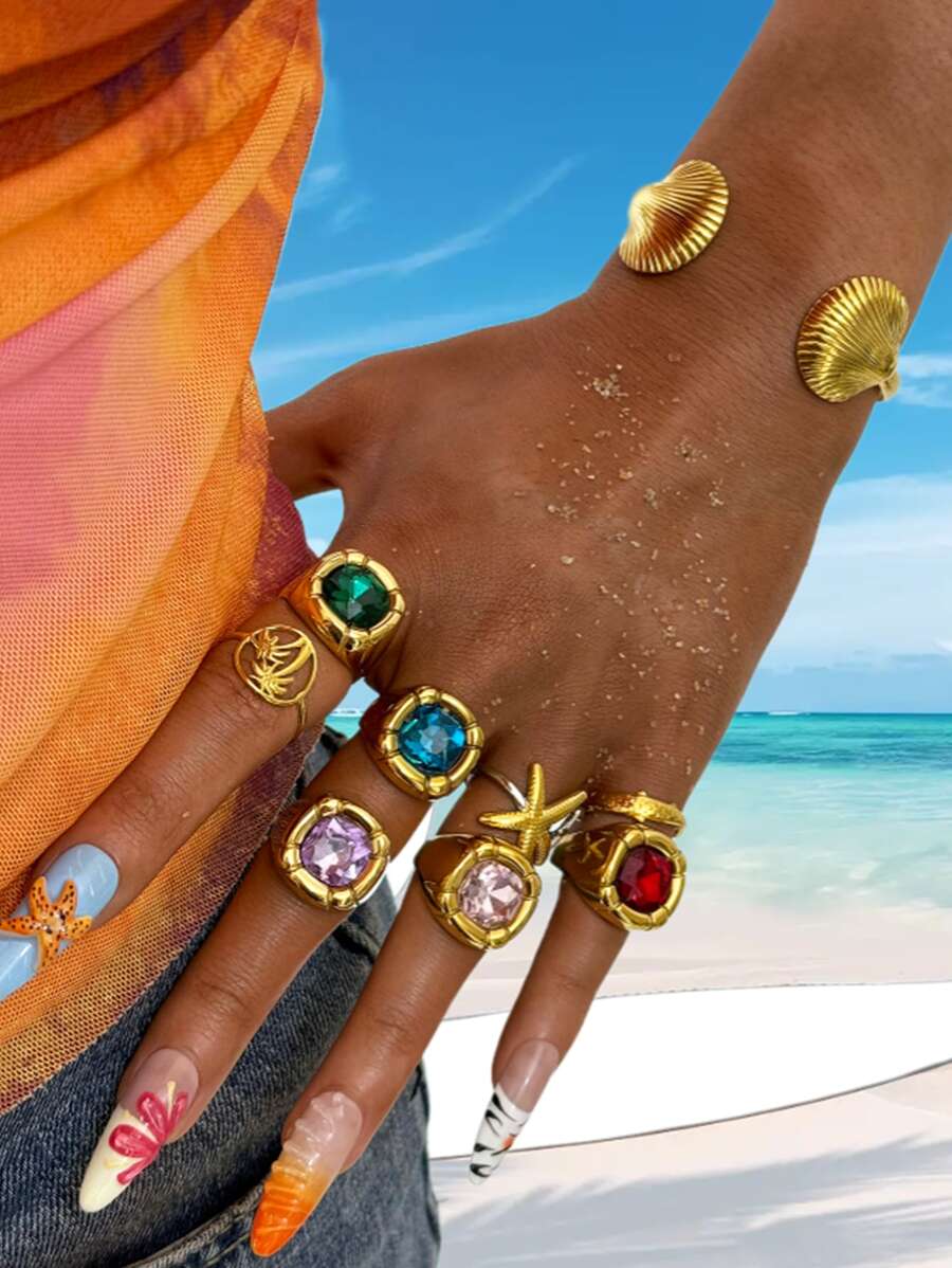 1pc Summer Women's Beach Starfish Design 18K Gold Plated Stainless Steel Ring Colorful Dopamine Waterproof Suitable For Vacation Travel