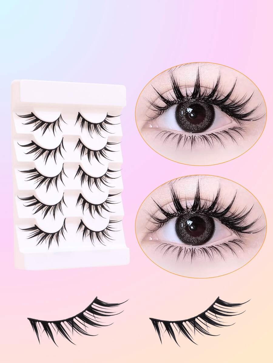 5 pares de pestañas postizas gruesas y largas con punta húmeda con estampado de dibujos animados, adecuadas para principiantes, extensión de ojos de 10-14 mm, estilo cruzado/de muñeca/de ojos de gato, efecto de maquillaje para uso diario y dramático, pestañas realistas fáciles de usar, material suave reutilizable