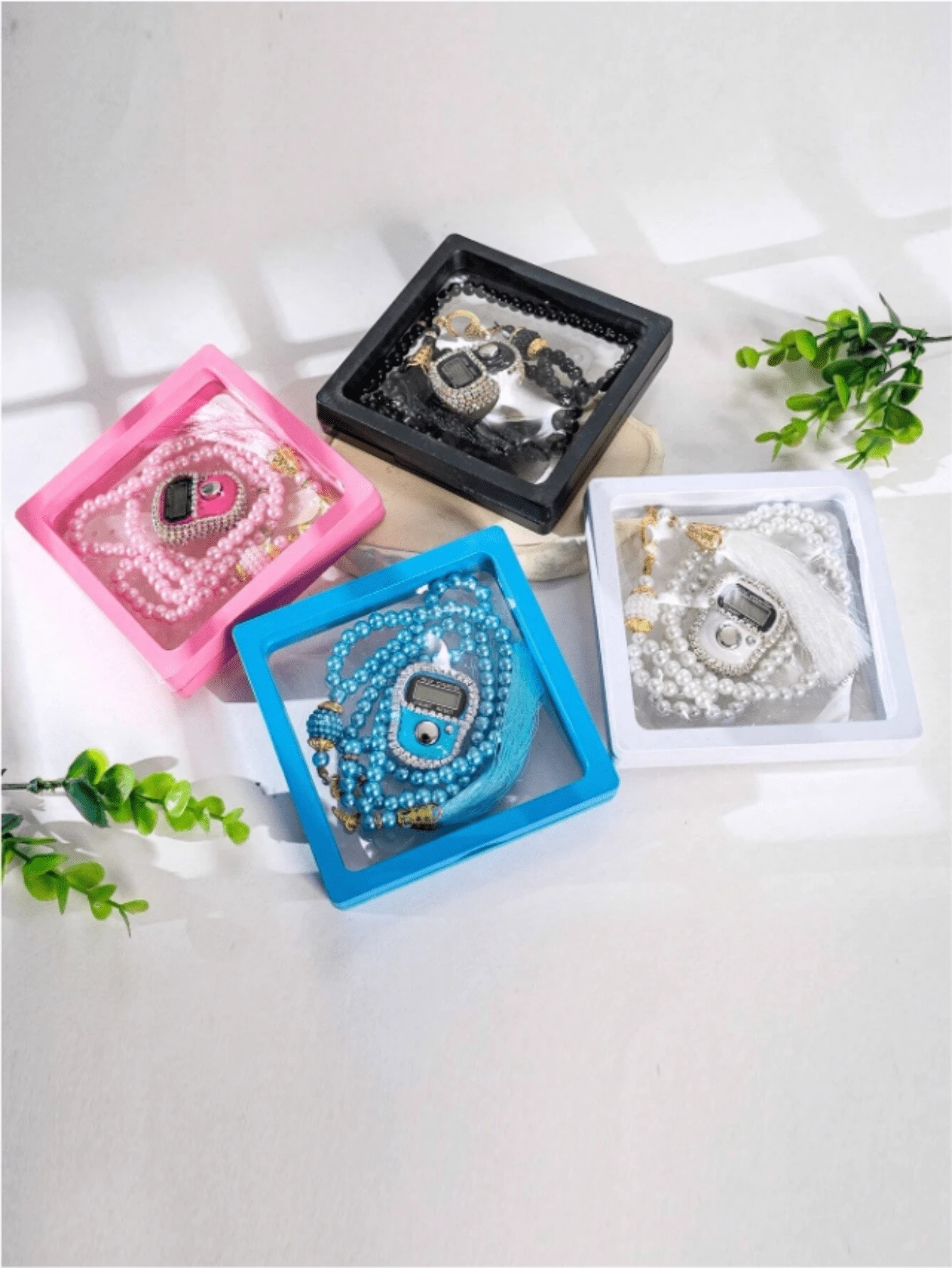 1 Set Caja de regalo elegante con 99 piezas de cuentas de oración y 1 pieza de contador totalmente enjoyado con diamantes, aplicable para conteo de negocios, oración, regalo diario