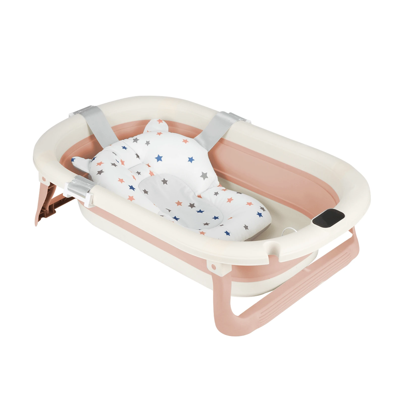 Bañera plegable para bebé, con termómetro digital, cojín de baño, compacta y portátil, gris/rosa