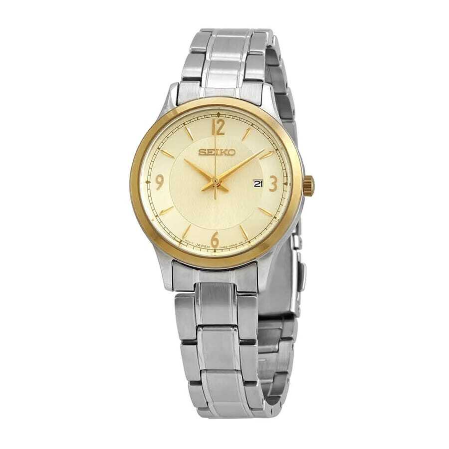 Seiko Reloj de cuarzo para mujer Seiko, esfera dorada, caja y pulsera de acero inoxidable, estilo de negocios, adecuado para uso diario, modelo SXDH04P1, resistente al agua 100M