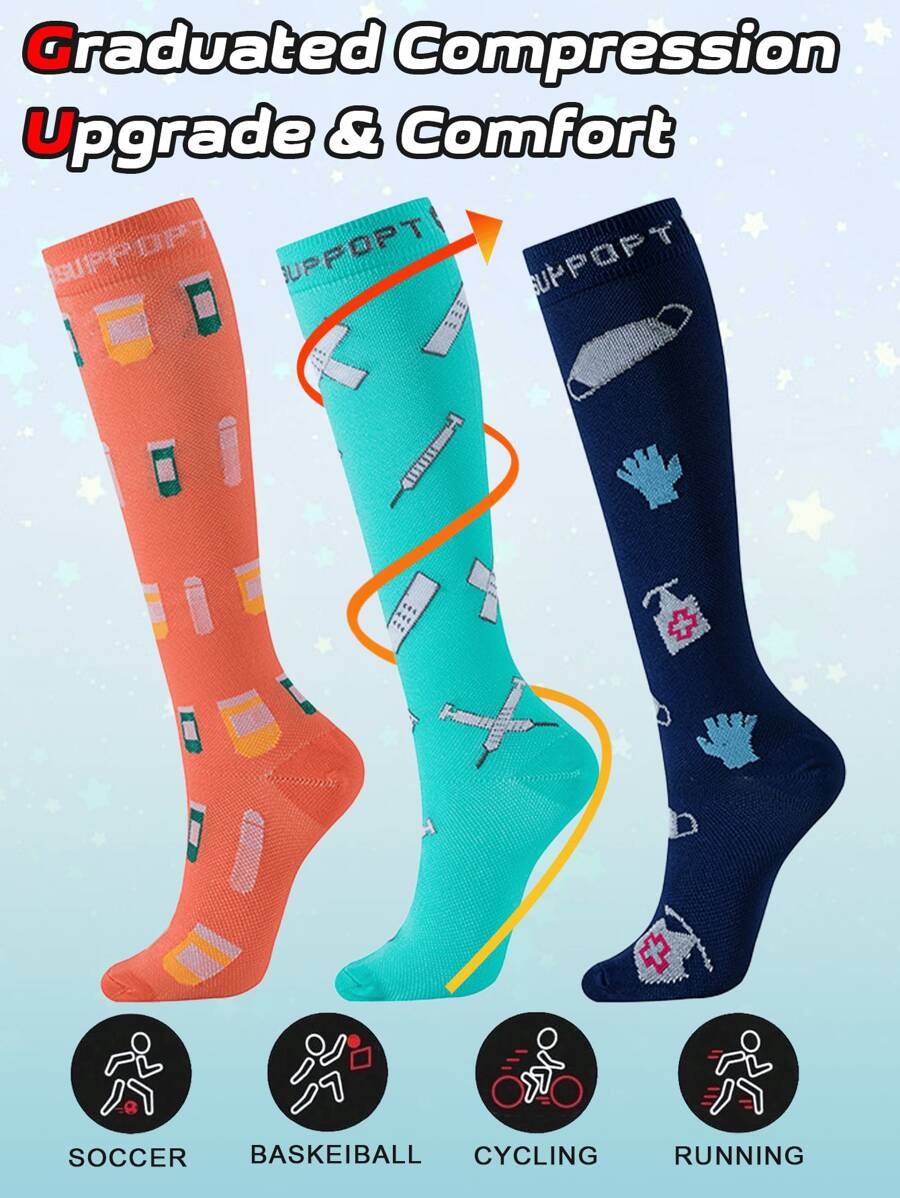 3 Pairs Vibrant Compression Calf Socks For Running & Hiking - Breathable, Stretchy Athletic Socks With Arch Support, Colorful Vibrant Cartoon Patterns Design, Machine Washable, 25% Elastane/75% Polyester