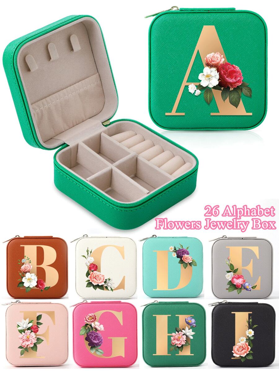 1pc Mini Floral Alphabet Jewelry Storage Box, A-Z Gold Letters, Portable Zipper Travel Jewelry Storage Box, Gift Box For Women, Multi-Function Jewelry Display Stand For Rings, Pendants, Earrings, Necklaces, Etc. - Suitable For Women, Mother, Girlfriend, Valentine's Day Gift Box.