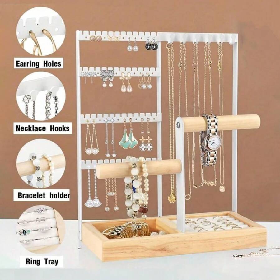 1pc Jewelry Organizer, 4-Tier Earring Holder Organizer With 48 Holes, 6 Hooks Necklace Organizer, Wood Box For Bracelet & Ring, Mother's Day Gifts For Women, Cool Preppy Stuff & Room Decor For Women Storage Organizer Travel Essentials Gift Back To School