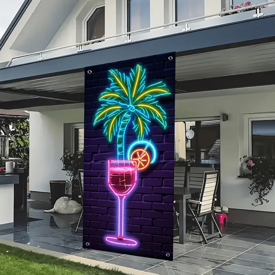 2D Neon-Licht Palme Eingangs-Hängebanner - Polyester Fotohintergrund, geeignet für Innen-/Außendekoration, ideal für Junggesellen-/Geburtstagspartys, einfach aufzuhängen & wieder verwendbar, tropisches Luau-Thema, Strandparty Dekoration
