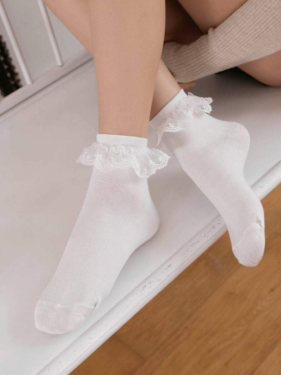 1 Paar Damen einfarbige Rüschen Saum elegant & süß weich bequem Lässig Knöchelsocken, essentiell für Zuhause & Reisen