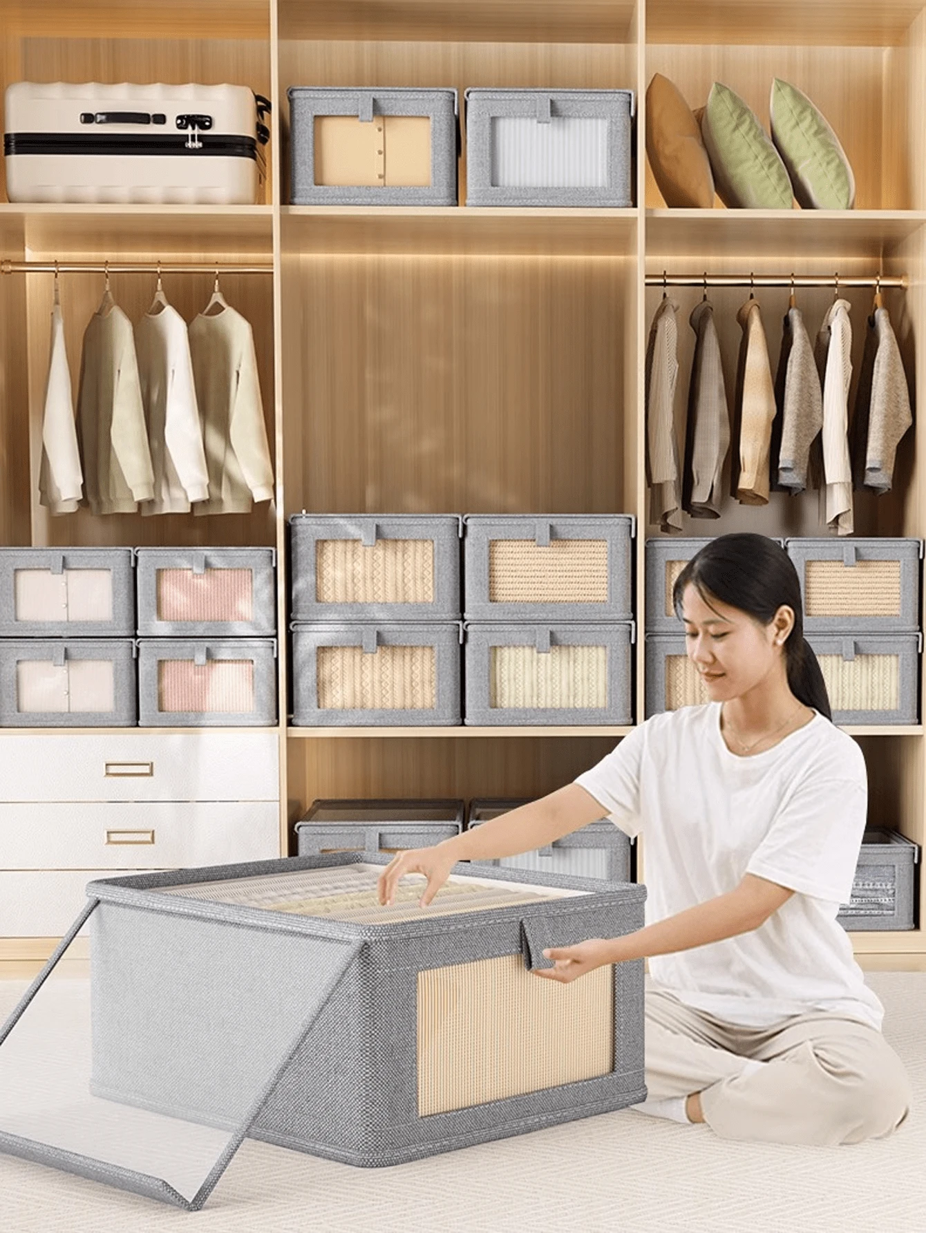 1 pieza Caja de almacenamiento de ropa con tapa, organizador de cajón de armario para ropa y pantalones, caja de visibilidad transparente con capas