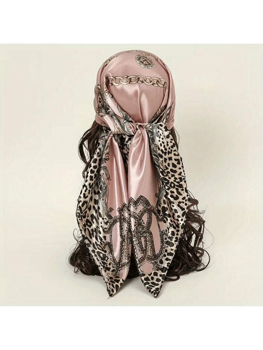 90 Square Scarf, New Style Headscarf, Leopard Print Chain Decoration, Satin Silk Scarf, Versatile And Multi-Purpose Imitation Silk Scarf