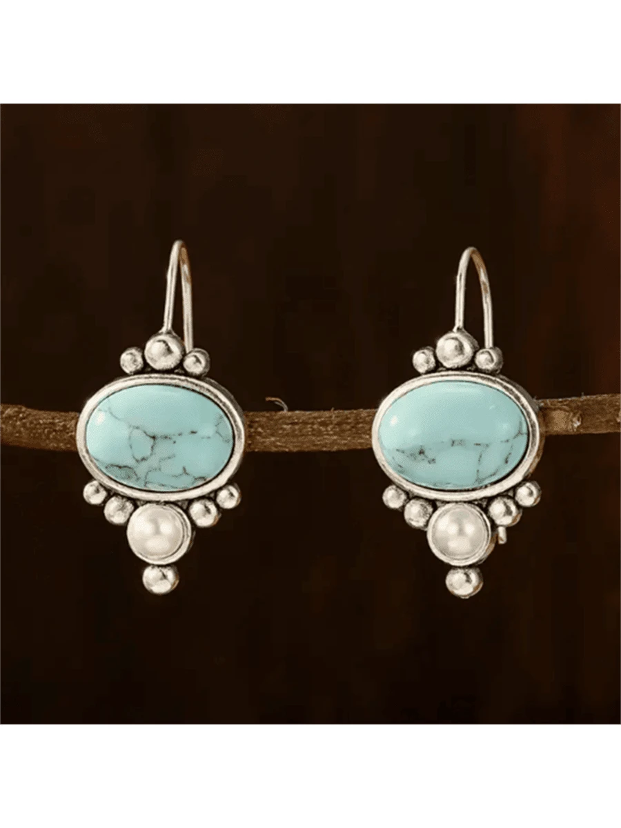 1 Pair Vintage Bohemian Faux Turquoise Blue Earrings With Faux Pearl Decor, Fashionable Wedding/Party Earrings Gift For Women