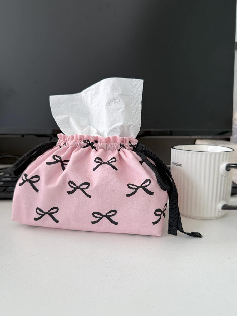 Borsa portafazzoletti in stile INS con fiocco e cordoncino, custodia per scatola di immagazzinaggio, organizer da tavolo antipolvere per la casa con decorazione a fiocco