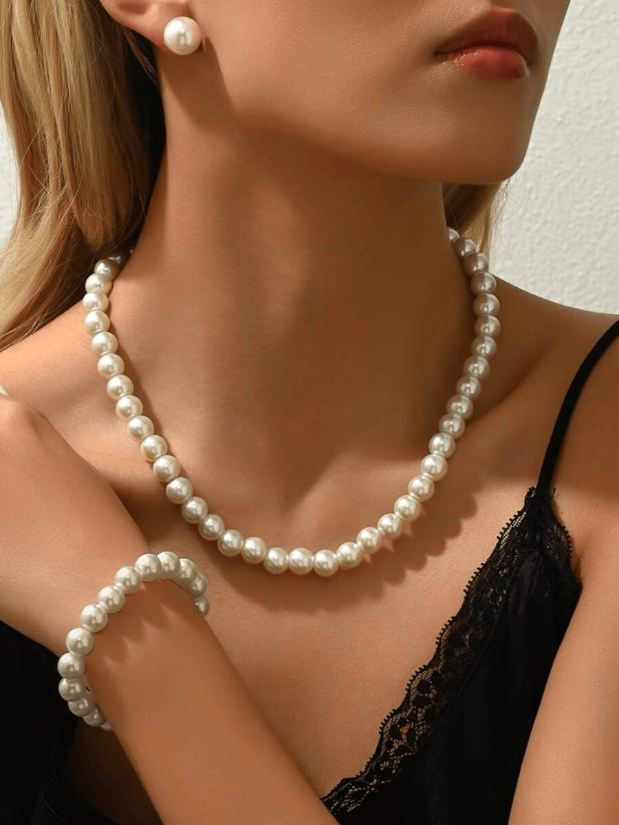 4pcs/Set Fashion Simple Faux Pearl Jewelry Set - Necklace, Bracelet, Earrings, Exquisite Jewelry Gift For Girls & Women, Suitable For Friends And Family (Pearl Pieces Random)