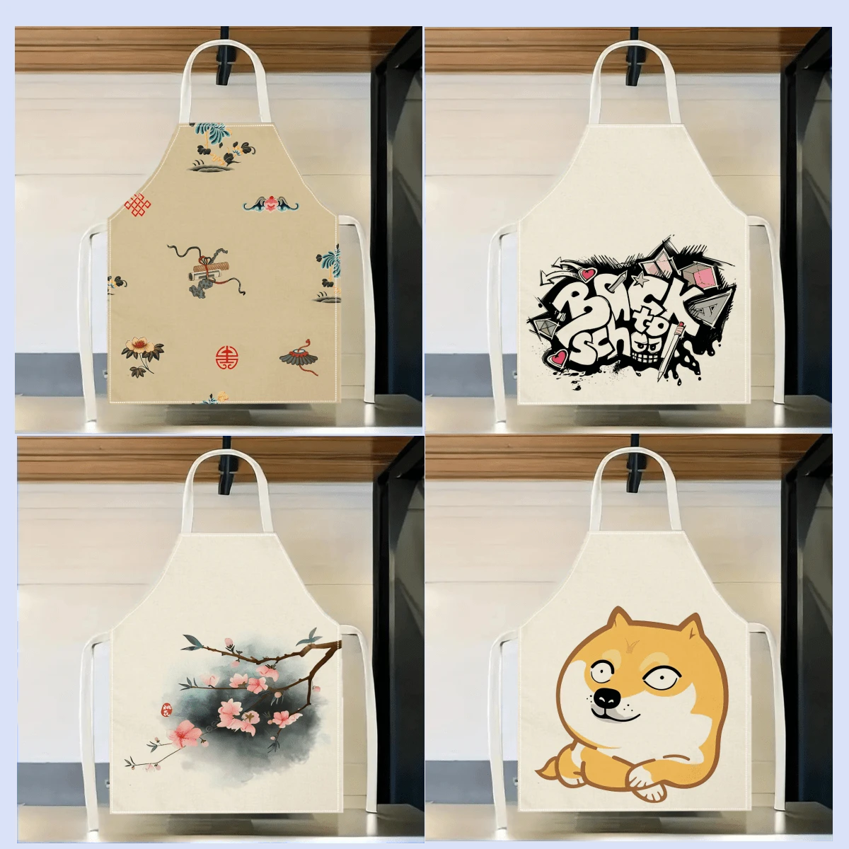 1pc Dog Letters With Chinese Style Pattern Apron, Creative And Fun Stylish Printing House Cleaning Apron, Waterproof Oil Easy Cleaning Kitchen Cooking Apron, Creative Home Apron, Work Uniform