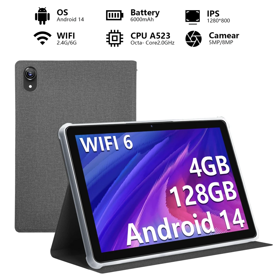 Qetupa 10,1 Zoll Android 14 Tablet-PC, 4GB RAM+128GB Speicher, A523 Octa-Core 2,0 GHz Prozessor, 1280*800 HD IPS Touchscreen, 5MP + 8MP Dual-Kameras, 6000 mAh Akku, 1 TB SD-Kartenerweiterung, BT5.4 & 802.11ac WLAN 2,4G/6G, inkl. stoßfester Lederhülle