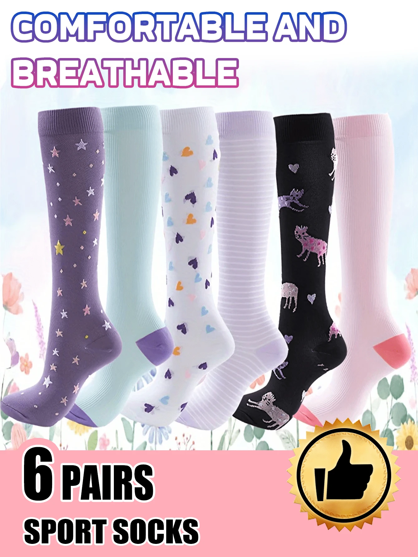 6 Pairs Cartoon Patterned Sports Socks For Work, Running & Active Lifestyles - Breathable Nylon, Polyester & Spandex Blend, Supportive Knit Fabric, All-Season Comfort – Ideal Gift For Her