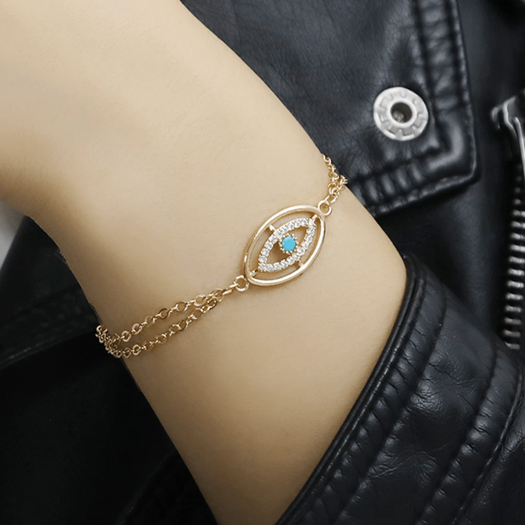 TUANZISP 1 pièce Bracelet doré en zirconium cubique et œil bleu en couches, un bijou exquis et personnalisé en cadeau pour les femmes, mode casual polyvalente