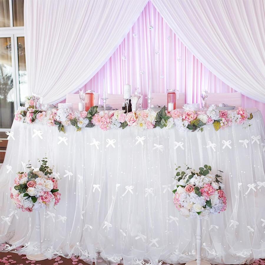Bow Faux Pearl Table Runner White Faux Pearl Tulle Tablecloth Satin Bow Chiffon Tulle Faux Pearl Lace Sheer Table Cloth For Wedding Arch Bridal Shower Dessert Table Decorations