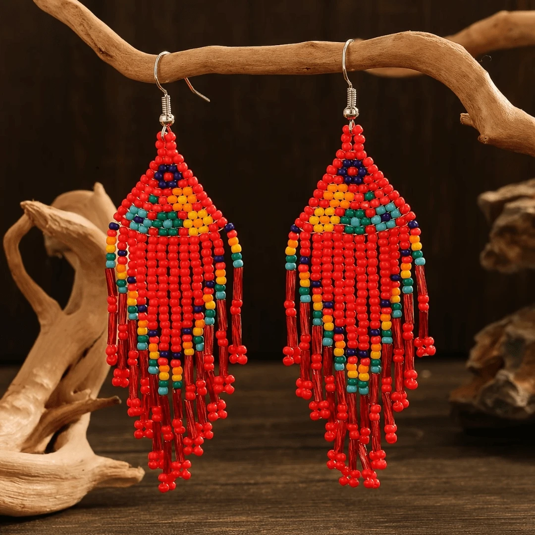 Handcrafted Bohemian Beaded Earrings - Style Floral Design With Seed Bead Tassel Dangle, Synthetic Glass Beads & December Birthstone, Women's Jewelry For Parties, Music Festivals, All-Season Accessory, Earrings, Party Accessories, Festival Jewelry, Intricate Beadwork