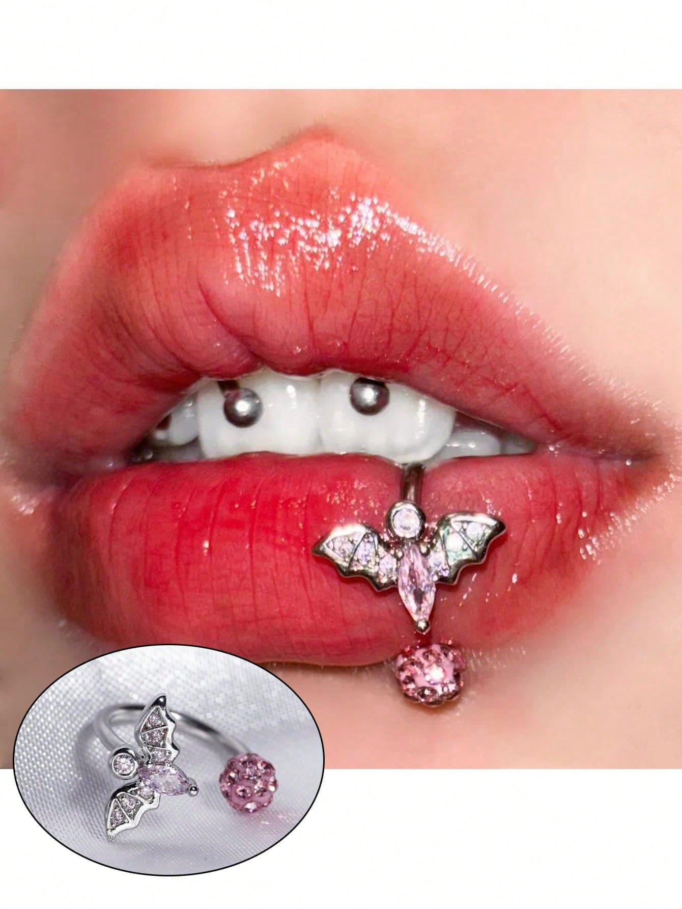 1pc Butterfly Shaped, Bat Lips Ring, Sparkling Harajuku Lip Ring, Cartilage Hoop, C-Shape, Pink & White, New Lip Piercing Jewelry, Suitable For Women's Daily Wear And Gift