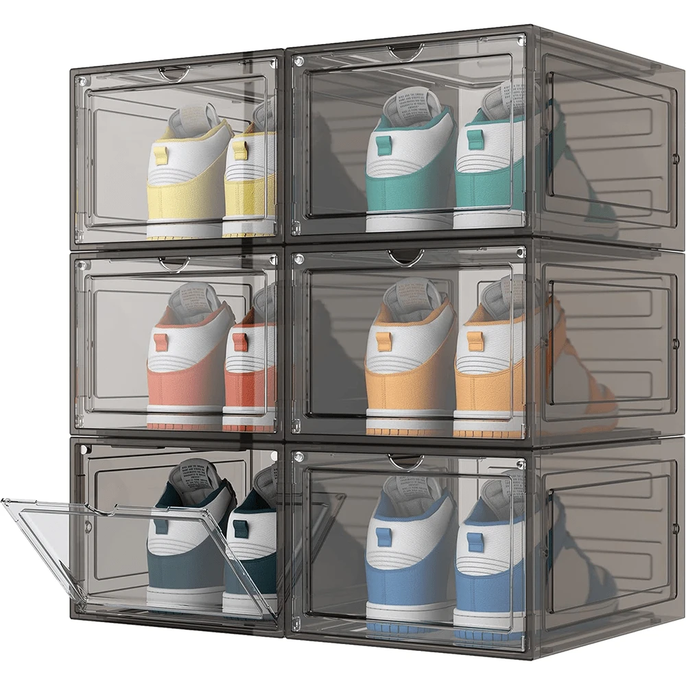 6 Pack Transparent Shoe Boxes - Clear Or Grey Durable Shoe Box Organiser - Space Saving Design With Door - Durable And Sturdy Bins Front Stackable Drawers (Clear)