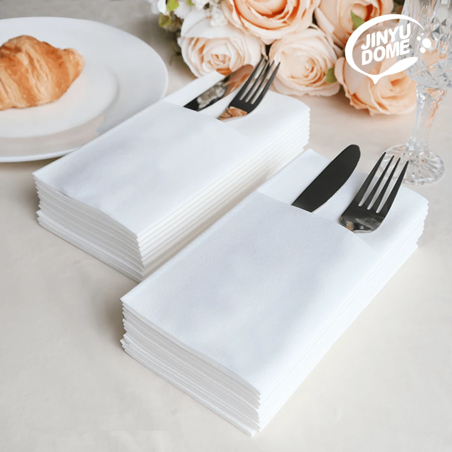 JINYUDOME 25/50 Stück 40x40cm weiße Servietten, Servietten mit integrierter Bestecktasche, Hochzeitsservietten, Einwegservietten, für Hochzeitspartys, Familienfeiern, Cocktailpartys, Empfänge und Hotels
