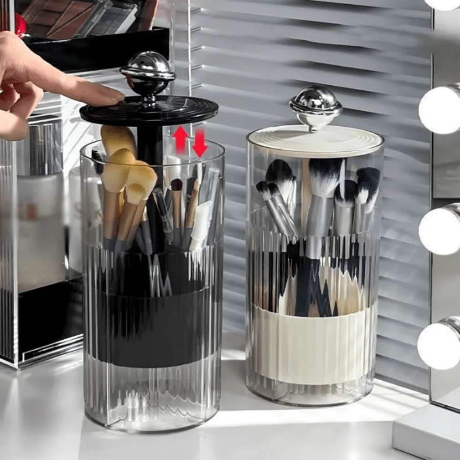 Adjustable Makeup Brush Holder Cup, Dustproof Vanity Table Top Press Makeup Brushes And Cosmetics Organizer