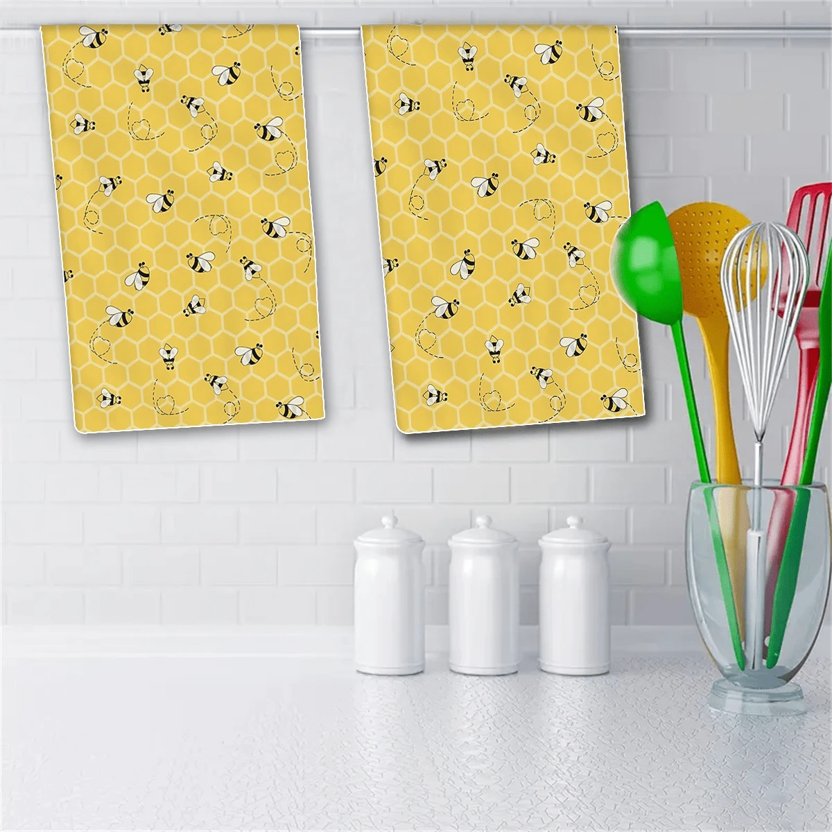 2 pièces/set Serviettes de cuisine à motif abeille jaune d'été, chiffons de vaisselle décoratifs saisonniers pour la maison, retour à l'école