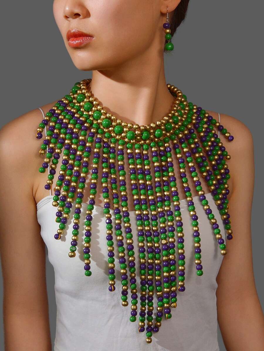 Conjunto de Colar e Brincos Tecido de Contas de Madeira Feito à Mão, Conjunto de Joias de Colar Bib Boho Declarativo para Mulheres, Festa de Férias na Praia