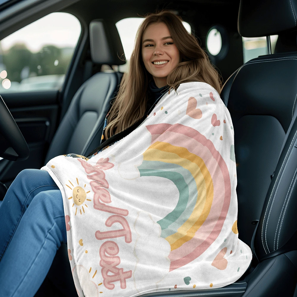 Customized Rainbow Flannel Blanket - Soft & Lightweight, With Heart And Cloud Design - Customizable Name/Text - Great For Sofa, Bed, Travel, Camping - Ideal Gift For All Seasons, Personalized Blanket