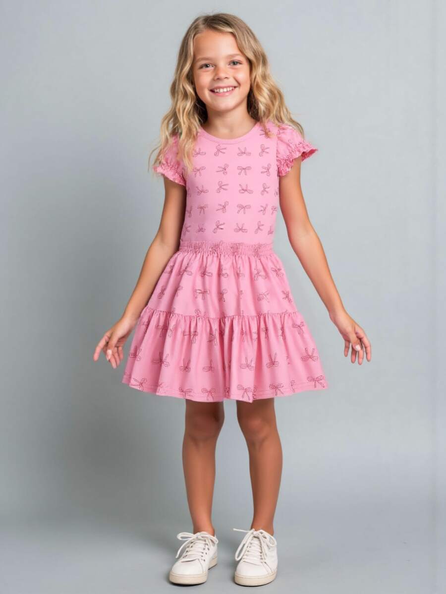 2pcs Girl Butterfly Pattern Ruffle Sleeve Top & Skirt Set, Fashionable Outfit For 4-7Y Girls, Suitable For Outdoor/Party Occasions