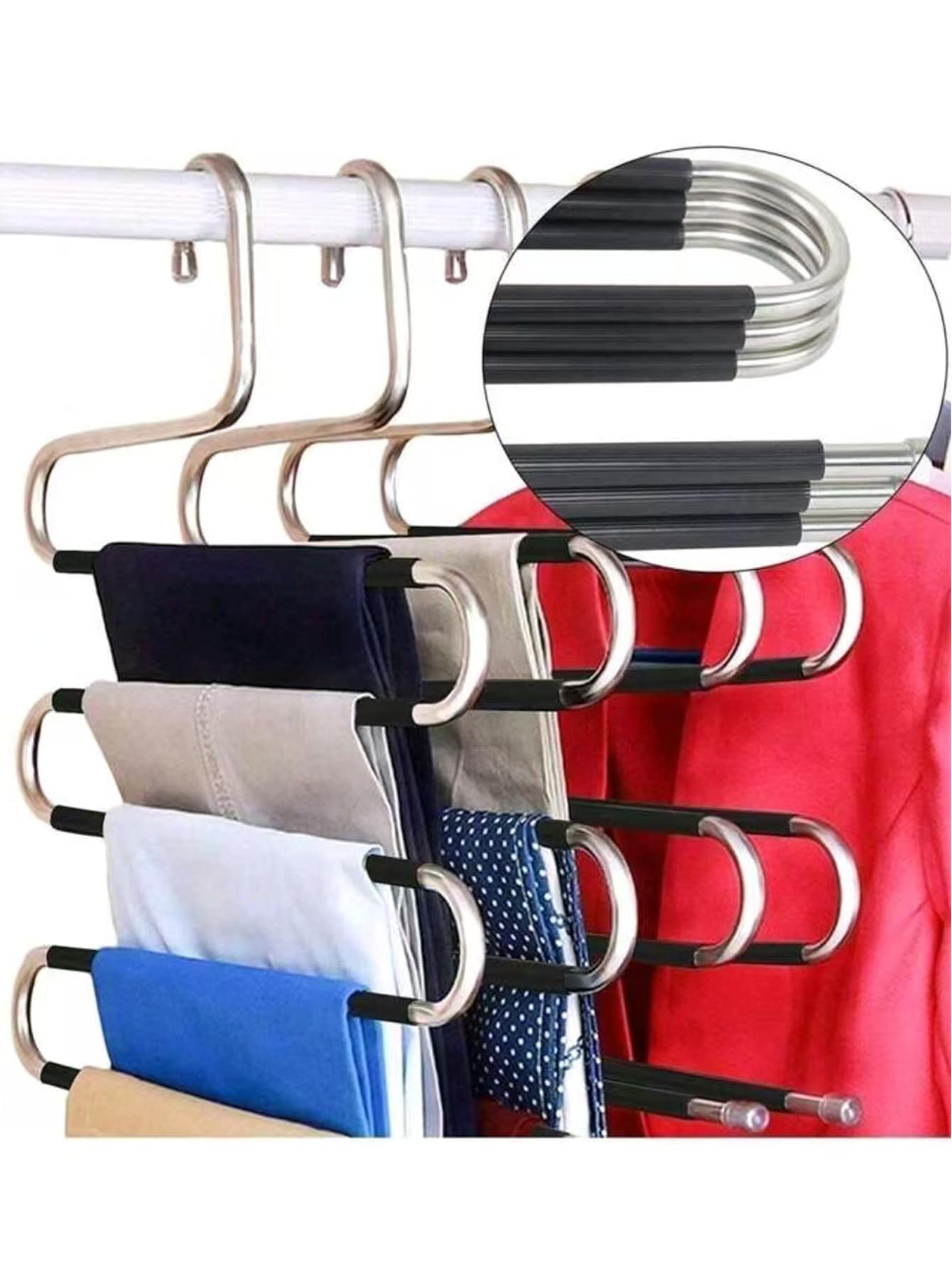1 pièce/2 pièces Cintre en forme de S en acier inoxydable, étagère à pantalon multifonctionnelle antidérapante à 5 niveaux, Porte-vêtements avec revêtement en PVC, design minimaliste, antidérapant et gain de place, convient pour les pantalons, jeans, écharpes, cintres multifonctionnels, étagère de rangement pour armoire, décoration de vacances, décoration de chambre, décoration d'automne, décoration de Noël