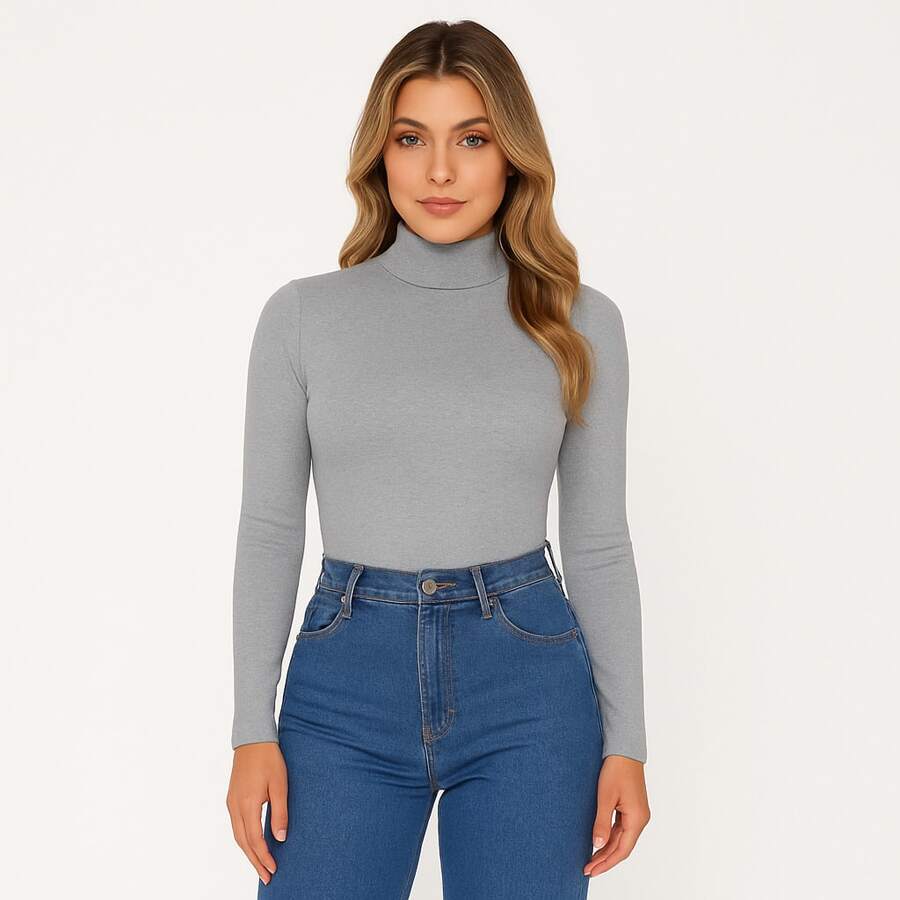 Blusa Feminina Gola Alta Manga Longa - Viscolycra Premium Simples Tecido Nenhum Noite Diário