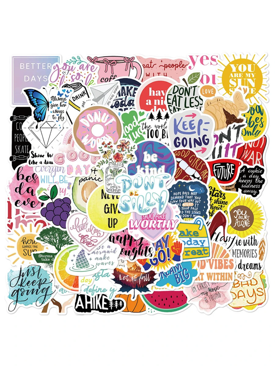 60 Pcs English Inspirational Phrase Graffiti Stickers, Matte Finish Asymmetrical Shaped Self-Adhesive Stickers, Decorative Luggage, Computer Phone Cases, Helmets, Water Bottles, Personalized Scrapbook Decorative Items,School Supplies,Back To School