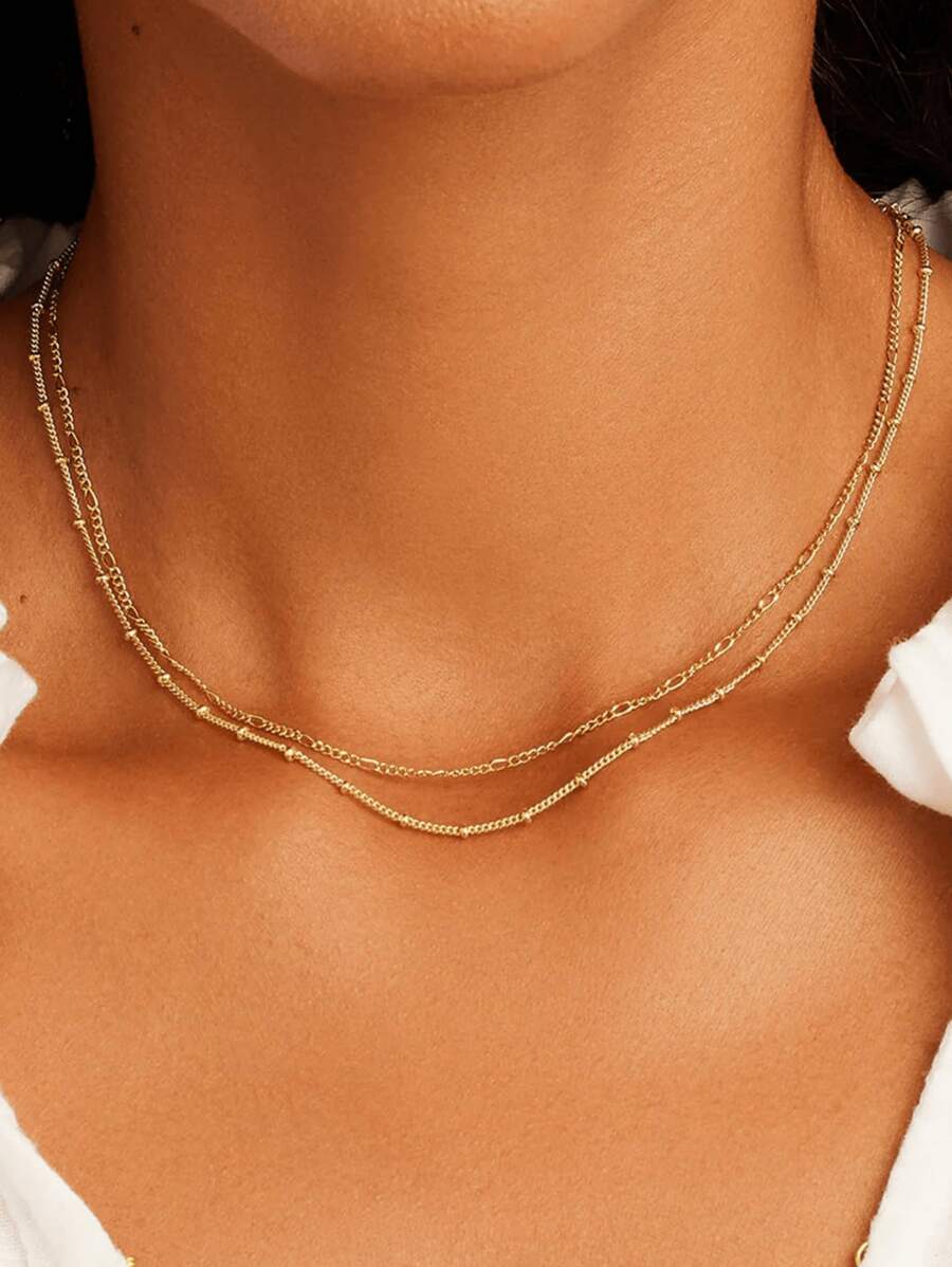 2pcs 18K Gold-Plated Stainless Steel Necklace Set - Simple Fashion Layered Chain Necklace With Bead Decoration, Versatile Minimal Design Gift For Women And Girls (Bead Quantity Randomly Included)