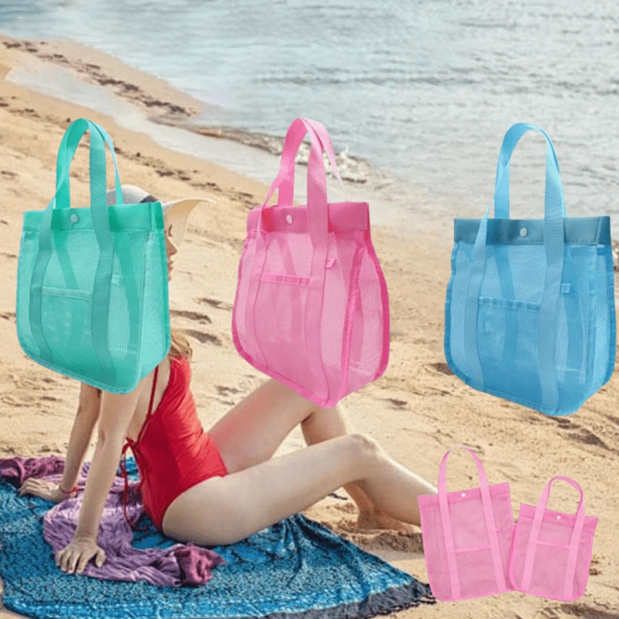 1 Stück Damen tragbare schnelltrocknende rosa Strandtasche, Design mit Buchstabenschnalle und Seitentasche, Aufbewahrung für Schwimmausrüstung, extragroße, multifunktionale, einfarbige Schulter-Mesh-Strandtasche für Spielsachen