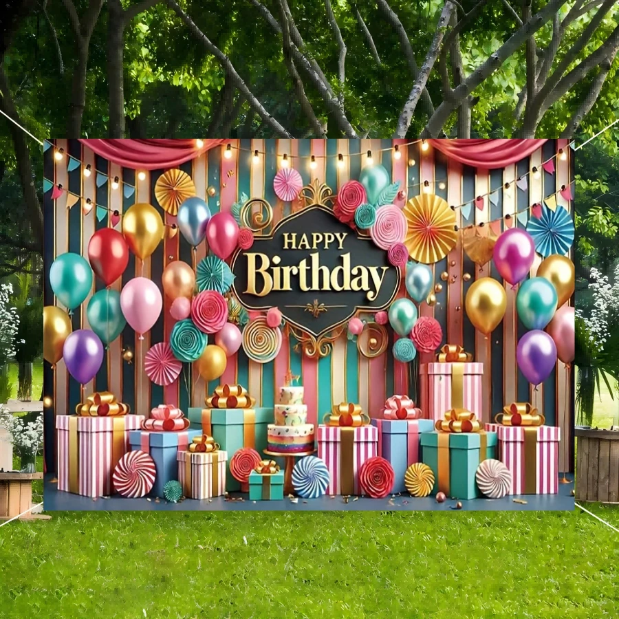 1 Stück bunte Ballon Geschenk Geburtstag Hintergrund Stoff Banner, geeignet für Geburtstagsfest Dekoration, Garten Dekoration, Wand Dekoration, Heim Dekoration, Innen- und Außenbereich Dekoration