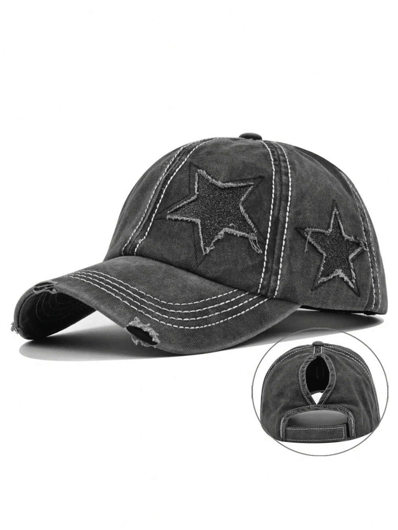 Gorra de béisbol con estrella de cinco puntas, lavada y desgastada, para las cuatro estaciones, unisex con coleta, casual para exteriores, gorra ajustable con visera de moda, versátil para todos