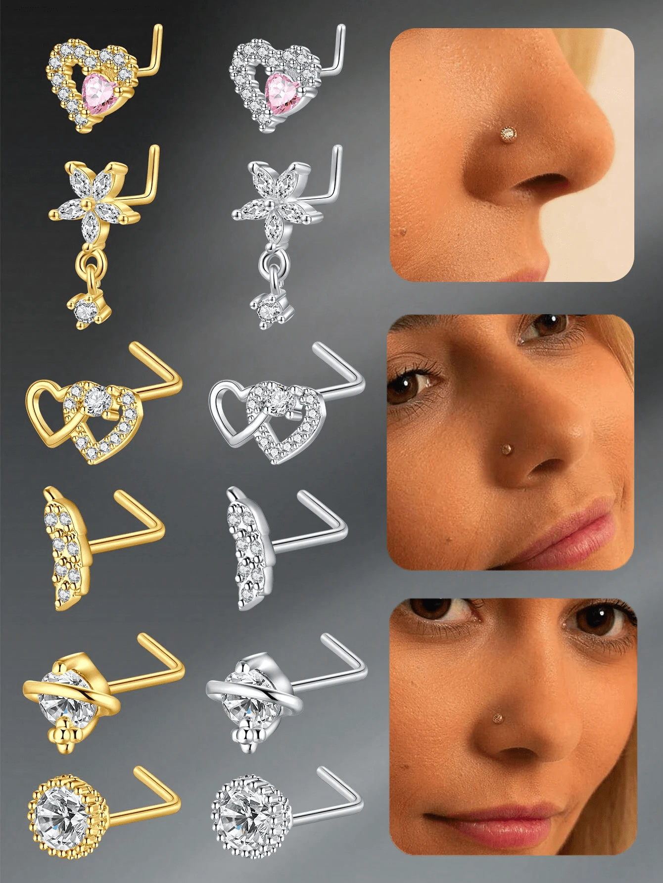 CIZME 1PC Nose Studs For Women Nose Rings Studs Nostril Nose Piercing Jewelry L Shaped Nose Studs Nose Rings Stainless Steel Y2K Silver Gold White Pink L Shape Nose Screw Nose Studs Heart Flower Crown Leaf Nose Stud