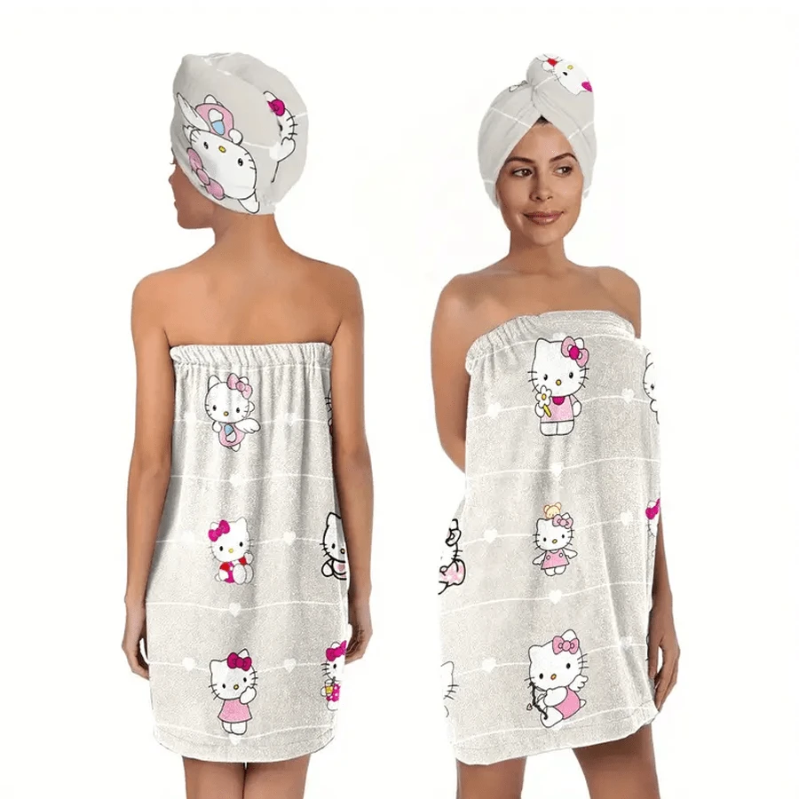 Sanrio 1 pièce Sanrio pour Hello chat avec peignoir à boutons et serviette, en tissu 100% polyester, bonnet de douche doux et très absorbant, ensemble de serviette de bain portable pour adultes, convenant pour la salle de bain, accessoires de salle de bain, short de sauna, peignoir de spa, gants de toilette Retour à l'école