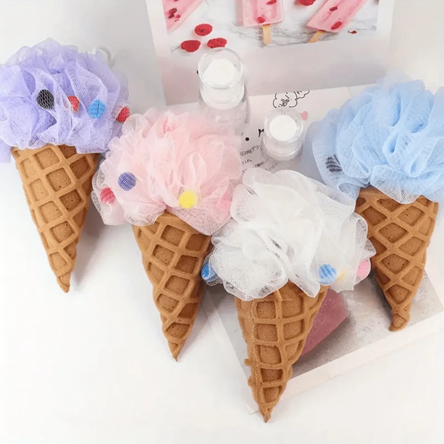 1pc Giant Ice Cream Cone Bath Sponge - Extra Soft & Fluffy Rainbow Shower Pouf For Rich Lather | Cute Large Body Scrubber, Gentle Exfoliating Bath Accessory
