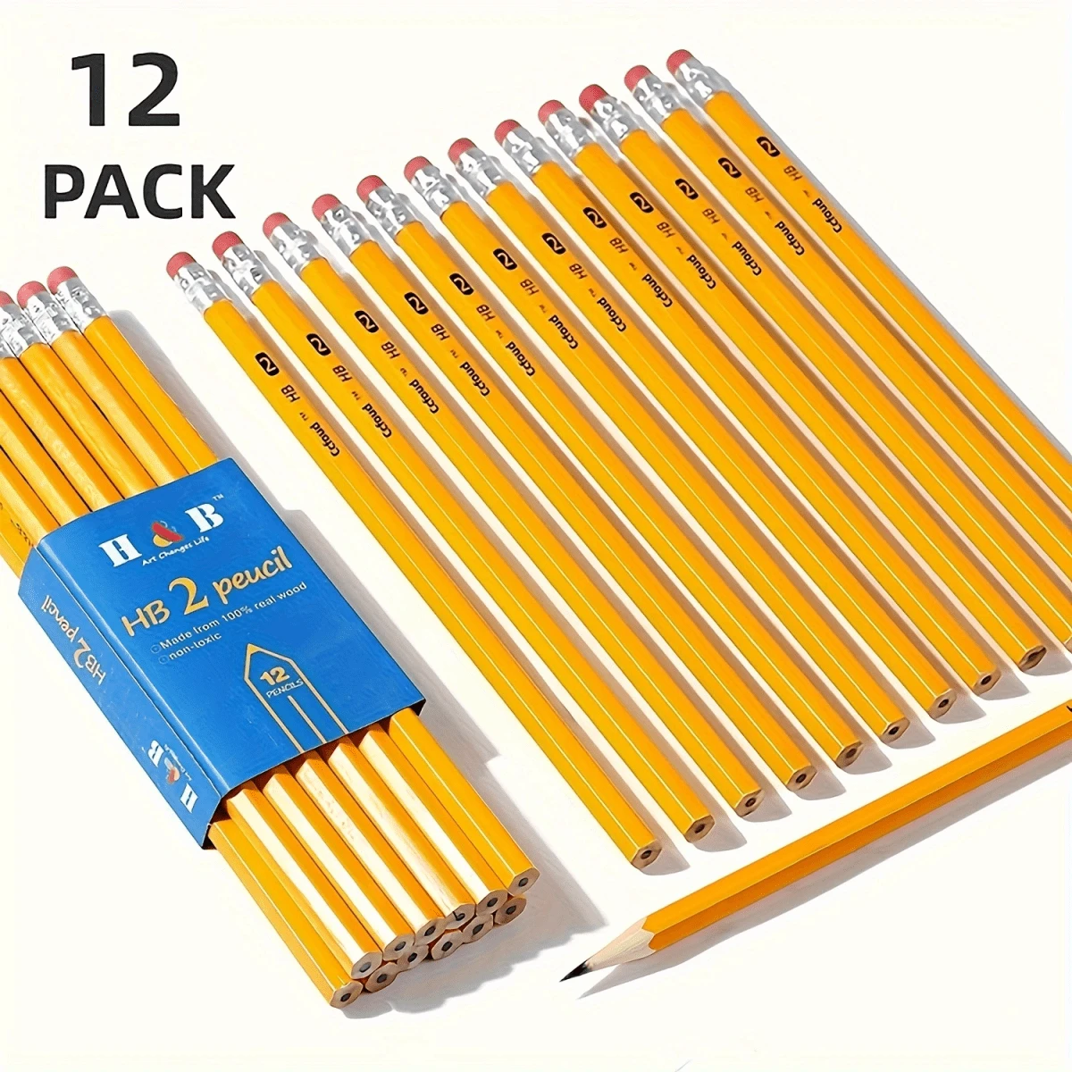 HB Hexagon Wooden Pencils With Red Color Eraser, 12pcs/24pcs/ Pencils With Eraser Head, HB Pencils For Writing, Drawing And Sketching, Yellow Wooden Pencils For Office, School School Supplies,Back To School