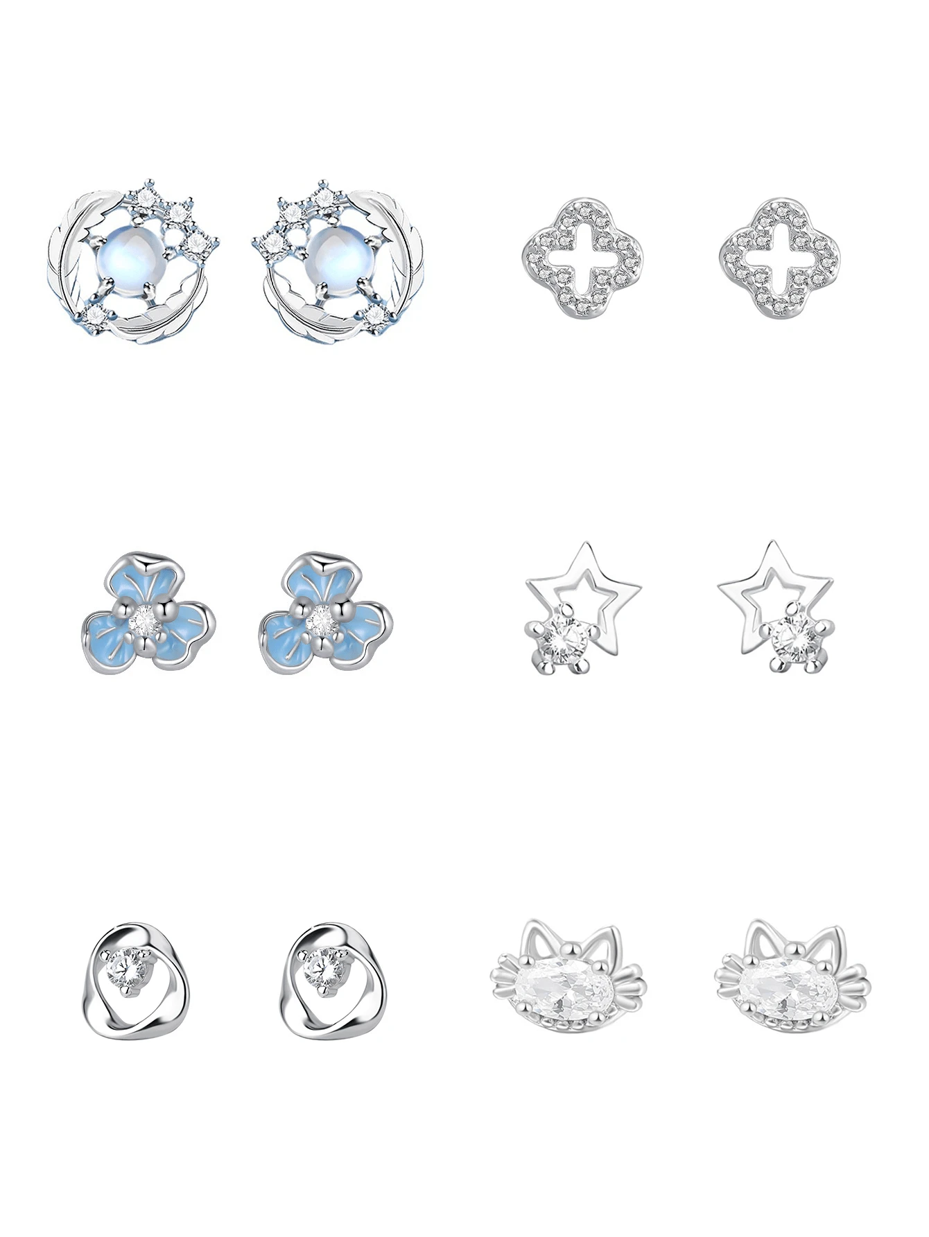 1 pereche de cercei stud din argint sterlin S925 cu zirconiu, piatră lunară, pene, stea, iris, cercei eleganți și versatili în stil casual, cadou de Ziua Îndrăgostiților cu cutie cadou delicată